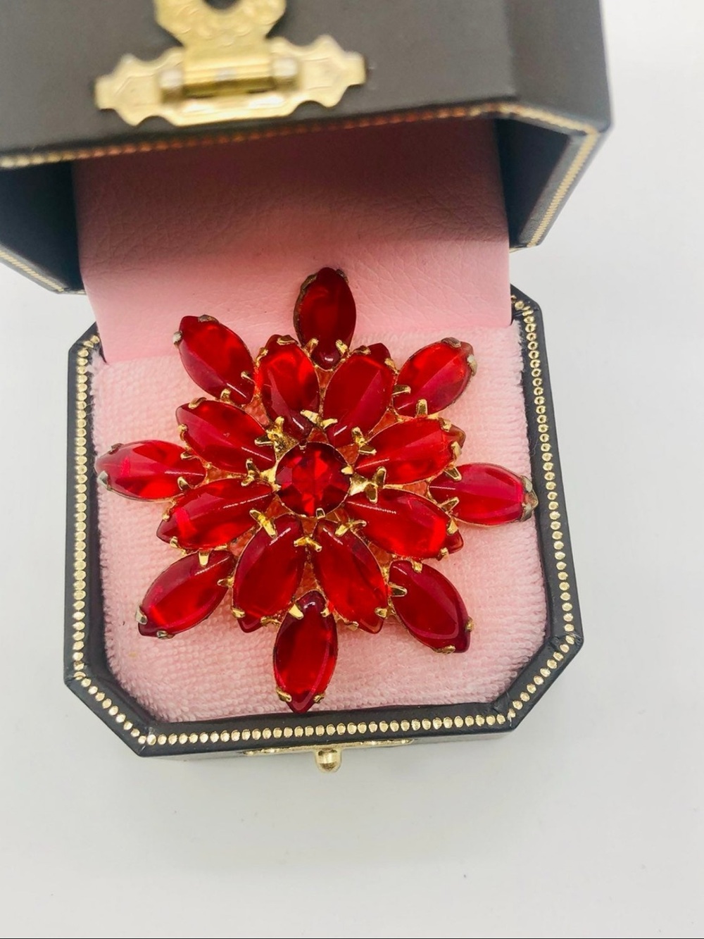 Vintage cherry red flower rhinestone brooch